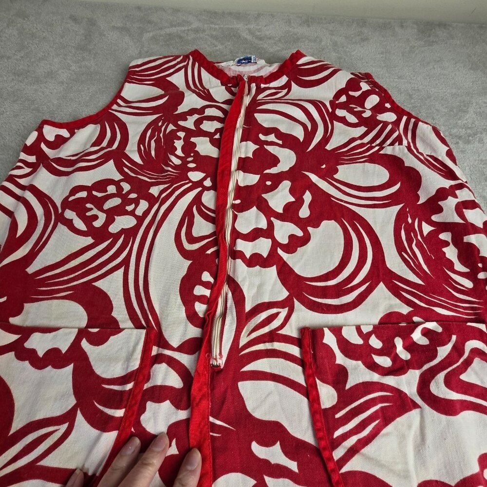 Vintage Zip Front House Dress Size 42 Red White Floral Time Off Loungewear 70s - Picture 13 of 16